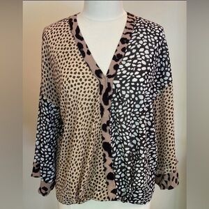 Umgee Animal Patchwork Print Open Bell Ruffle Trim Sleeves Casual Top Size M